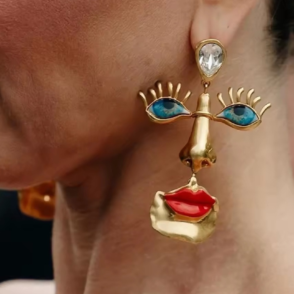 Anthropologie Gold Face Drop Earrings with Blue and Red Accents